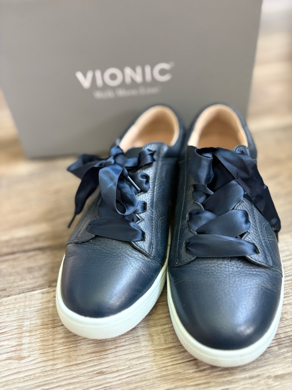 Vionic Chantelle Navy Leather Satin Ribbon Sneakers